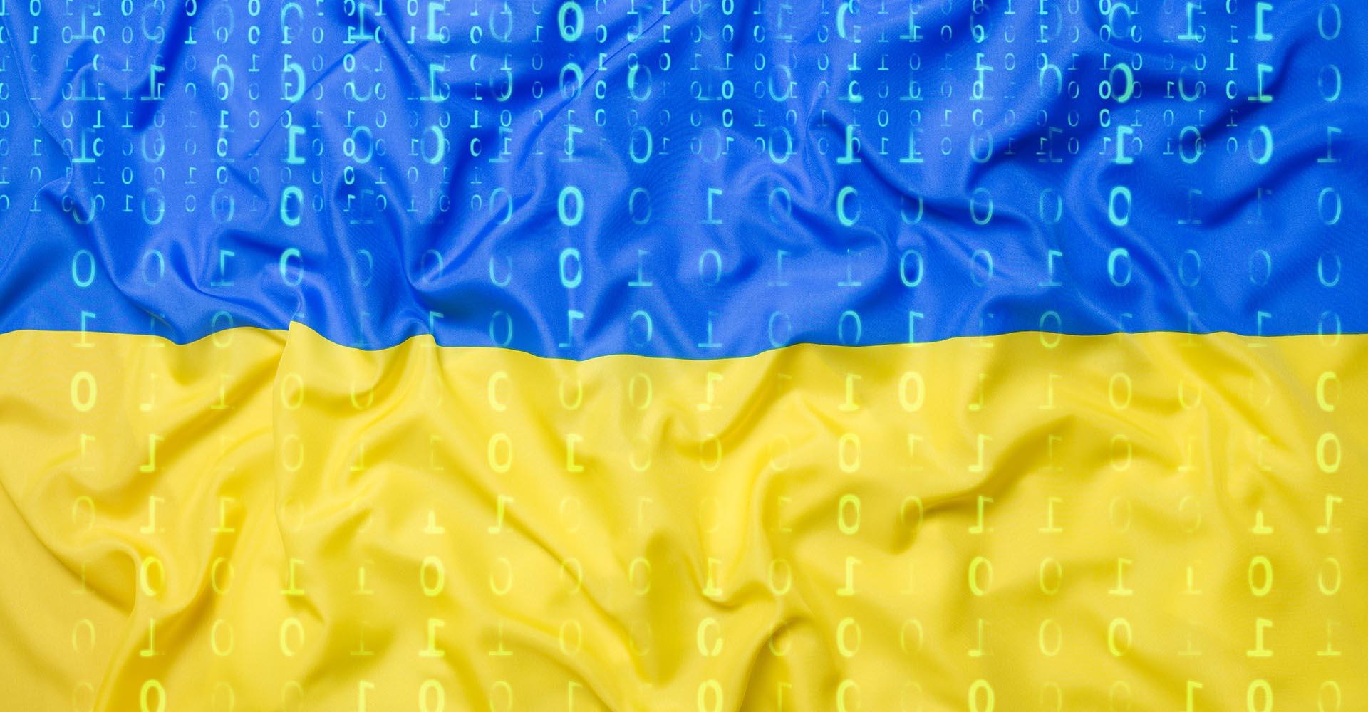 An Ukrainian flag (yellow and blue) with digital ones and zeros over the flag.